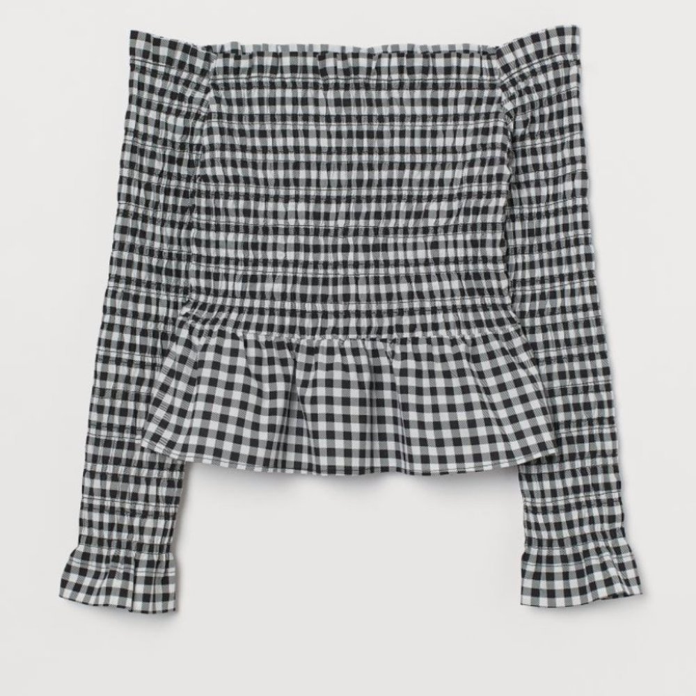 Black and White Smocked Peplum Blouse